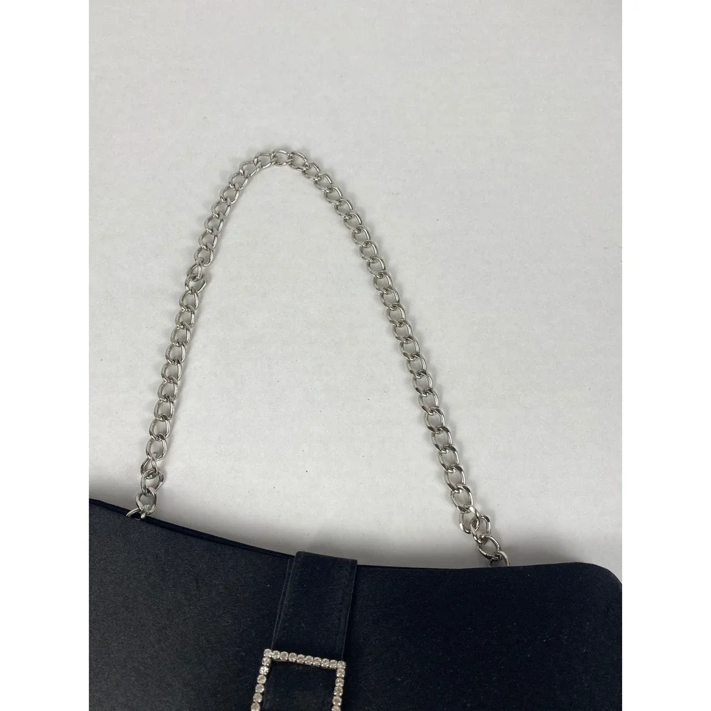 Black Satin Evening Clutch Bag Rhinestone Buckle Silver‎ Chain Strap Formal Bag